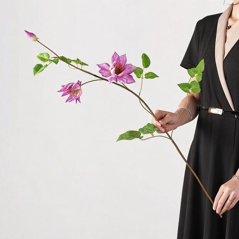 Künstliche Clematis-Blüte, 90 cm, Seidenstoff, Einzelstiel mit 3 Blüten, für Wohnzimmer, Hotel, Schaufensterdekoration