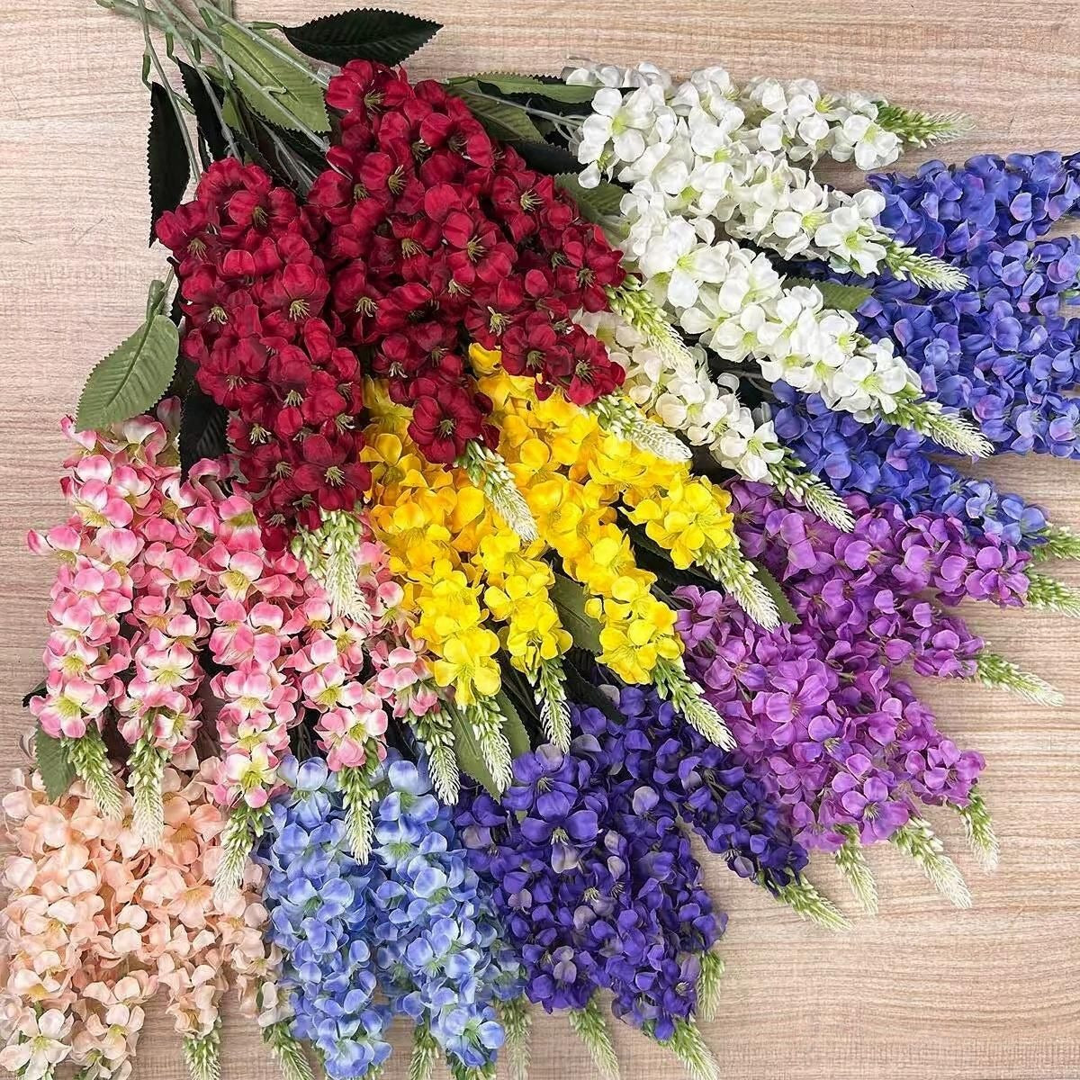 Künstliche Blumenstrauß, 57 cm, Seidenstoff, Goldgras, Rittersporn, Hyazinthe, Veilchen, Hochzeit, Innendekoration