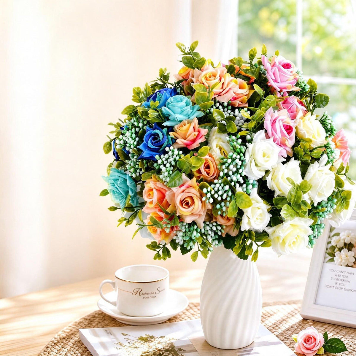 Künstliche Rosen-Busch, 5 Blüten, Seide, 50 cm, für Hochzeit, Dekoration, Innenraum, Mischfarben