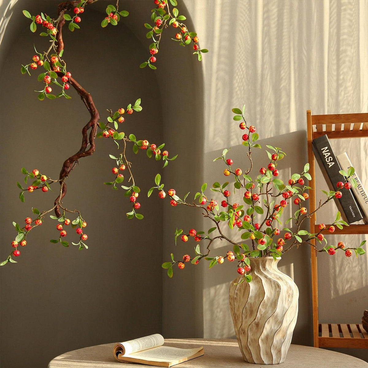 Künstlicher Apfelzweig 18 Früchte, 64 cm, Seidenblumen, Dekoration für Hochzeit, Hotel, Laden, Zuhause – gelb/rot