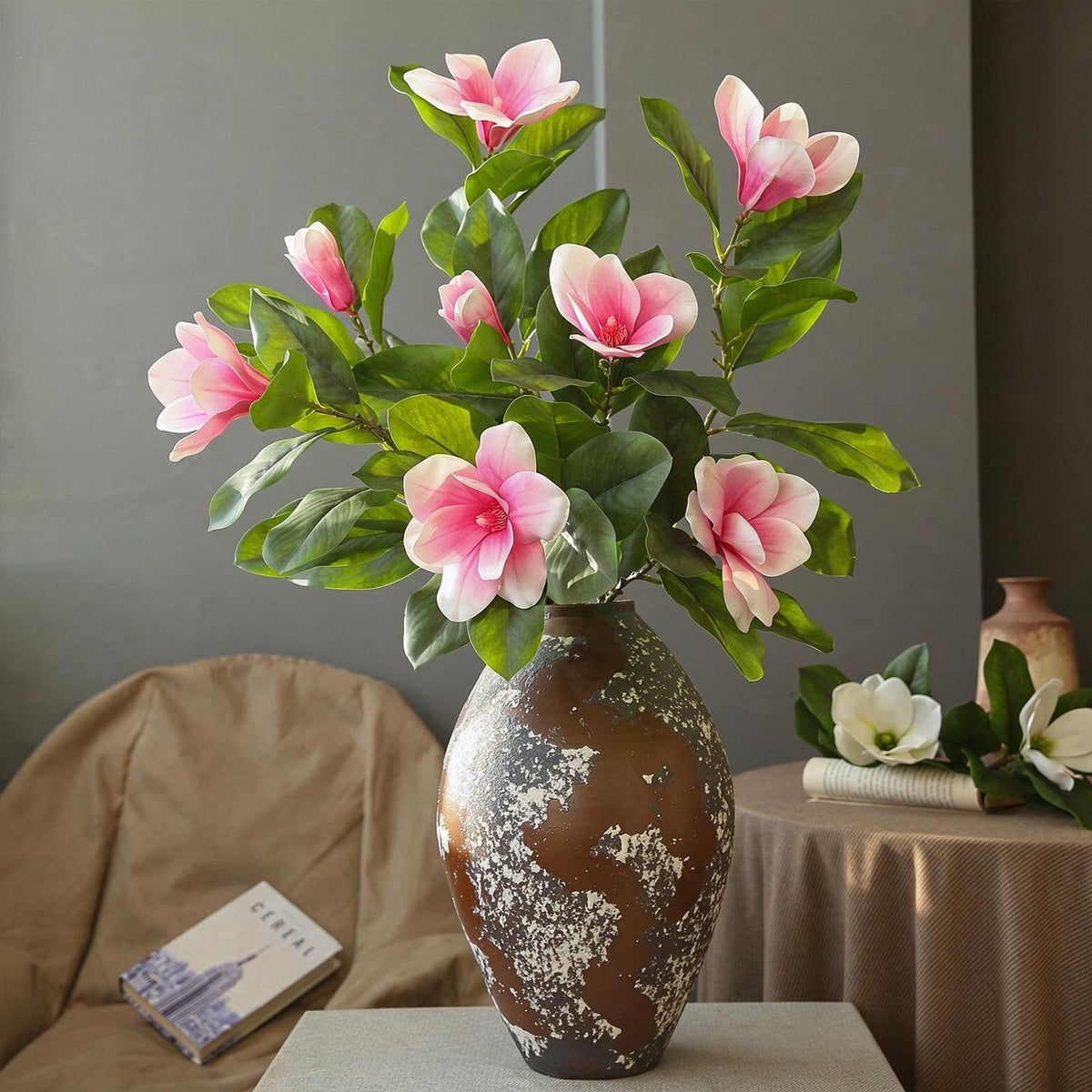 Künstliche Magnolie, 100 cm, Latex, 4 Blüten, biegsamer Stiel – Hochwertige Dekoration für Zuhause, Hotel, Event, Hochzeit, ganzjährig