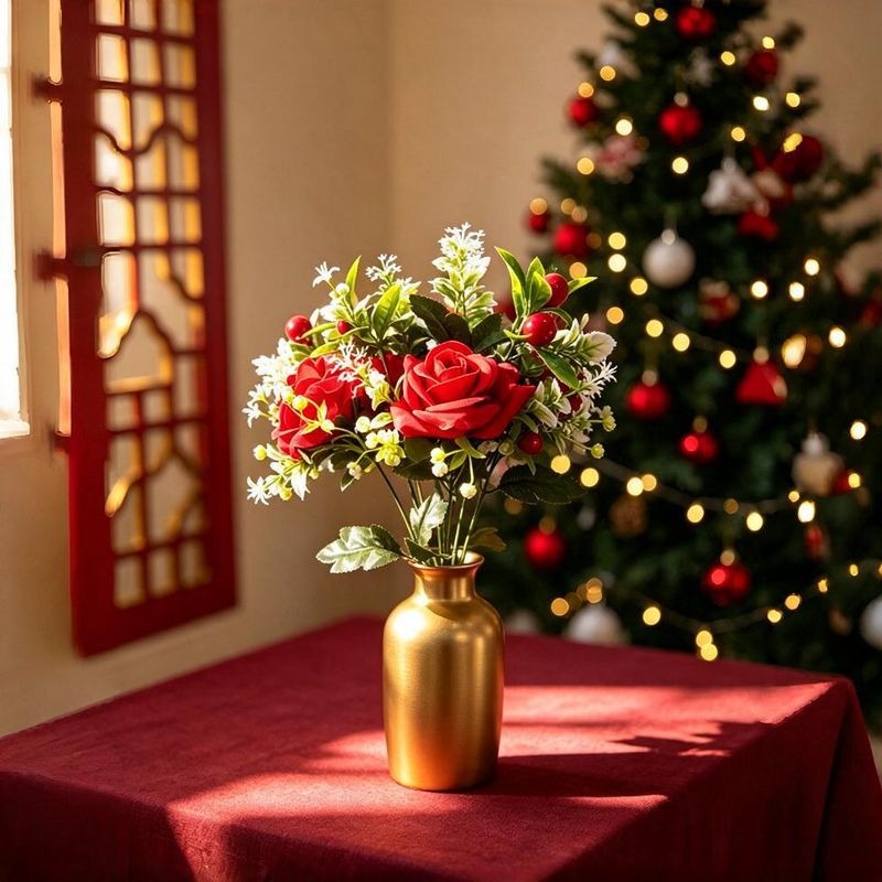 45 cm künstliche Weihnachtsrose aus Seidenstoff, 2 Blüten, rot – Dekoration für Hochzeit & Fest, langlebig, allergenfrei