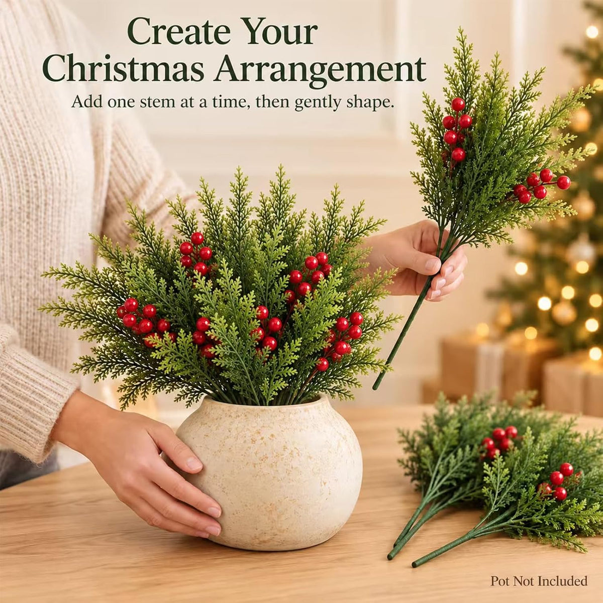 Künstlicher Weihnachtszedernzweig mit roten Beeren, 40 cm hoch, 6 verzweigte Stämme, für DIY-Dekoration und festliche Tischgestaltung