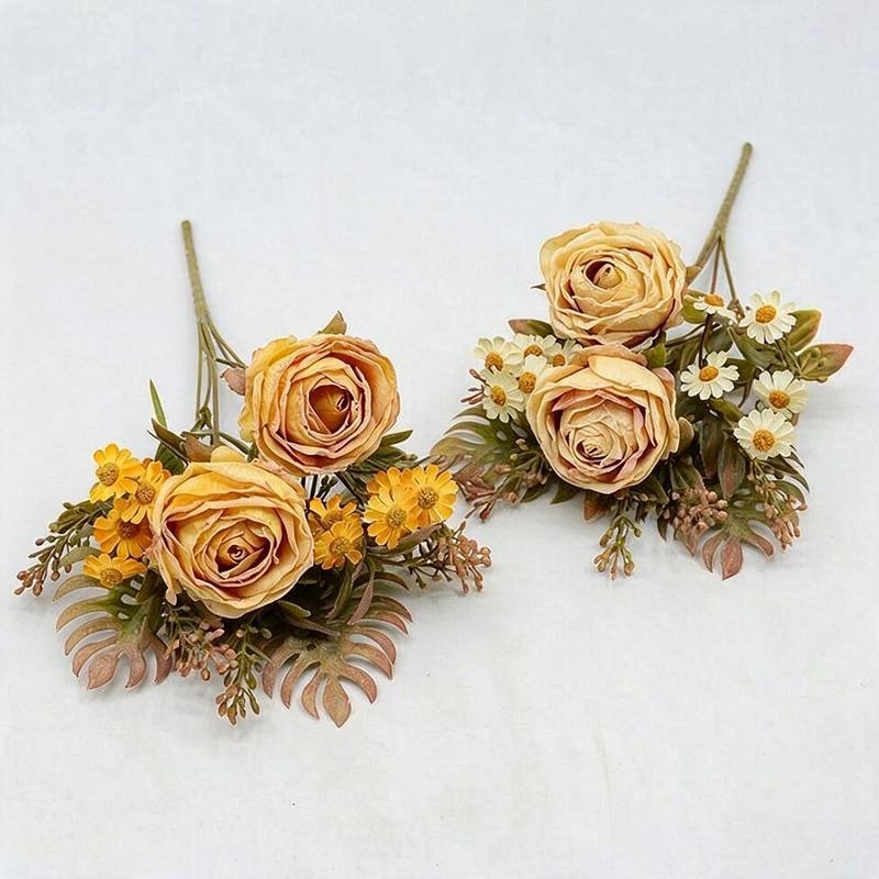 Künstliche Rosen & Gänseblümchen Busch, 32 cm hoch, 12 Blüten, für Hochzeitsdekoration und Innenraum