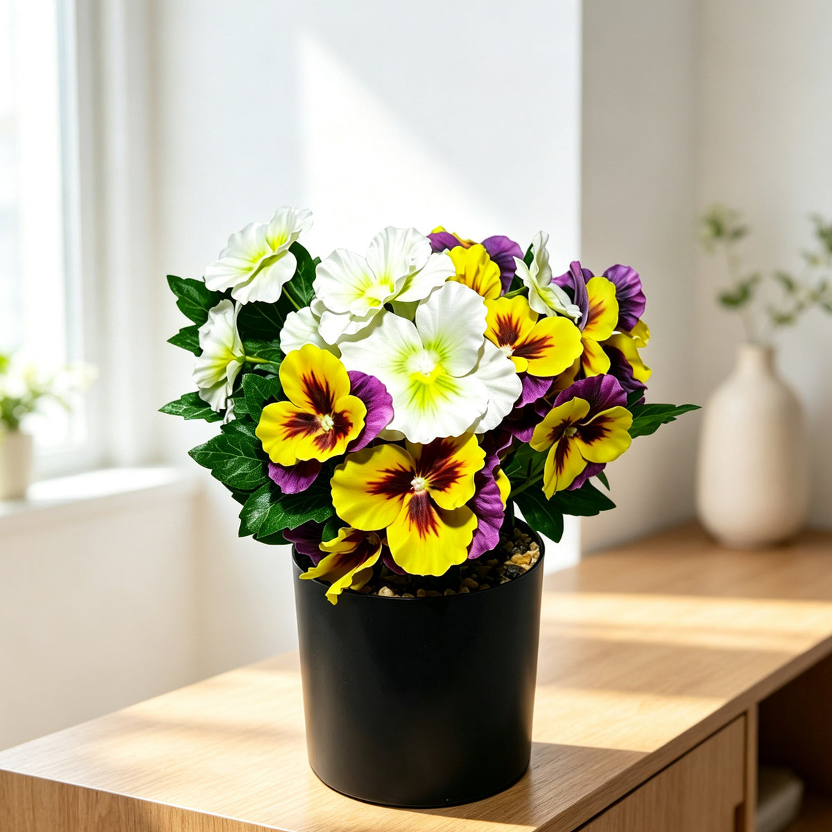 28 cm künstlicher Stiefmütterchen-Blumentopf, Polyester-Stoff, für Innendekoration und Gewerbe