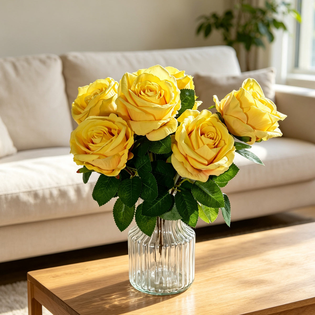 Künstliche Rose Busch mit 6 Blüten, 40 cm Höhe, seidenartiger Stoff, für Hochzeiten und Innendekoration