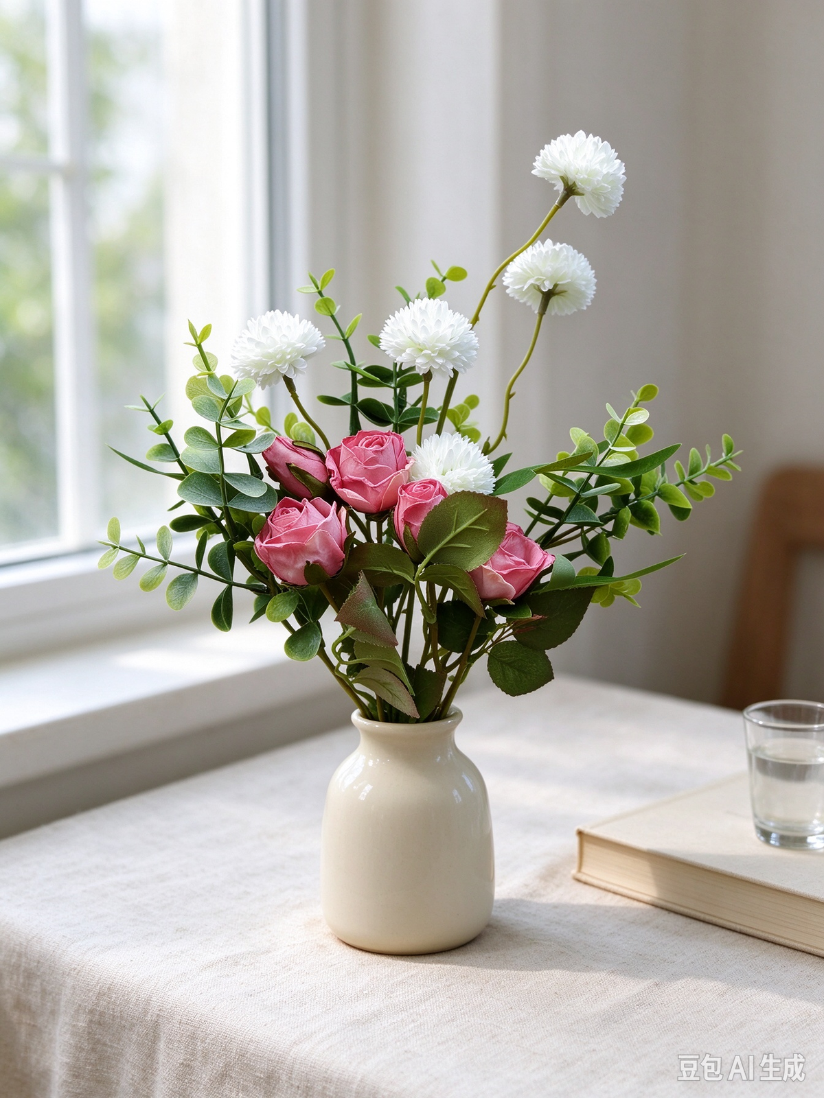 Künstlicher Blumenstrauß mit Rosen, Eukalyptus und Chrysanthemen, 42 cm, 10 Blüten, für Hochzeiten und Innendekoration