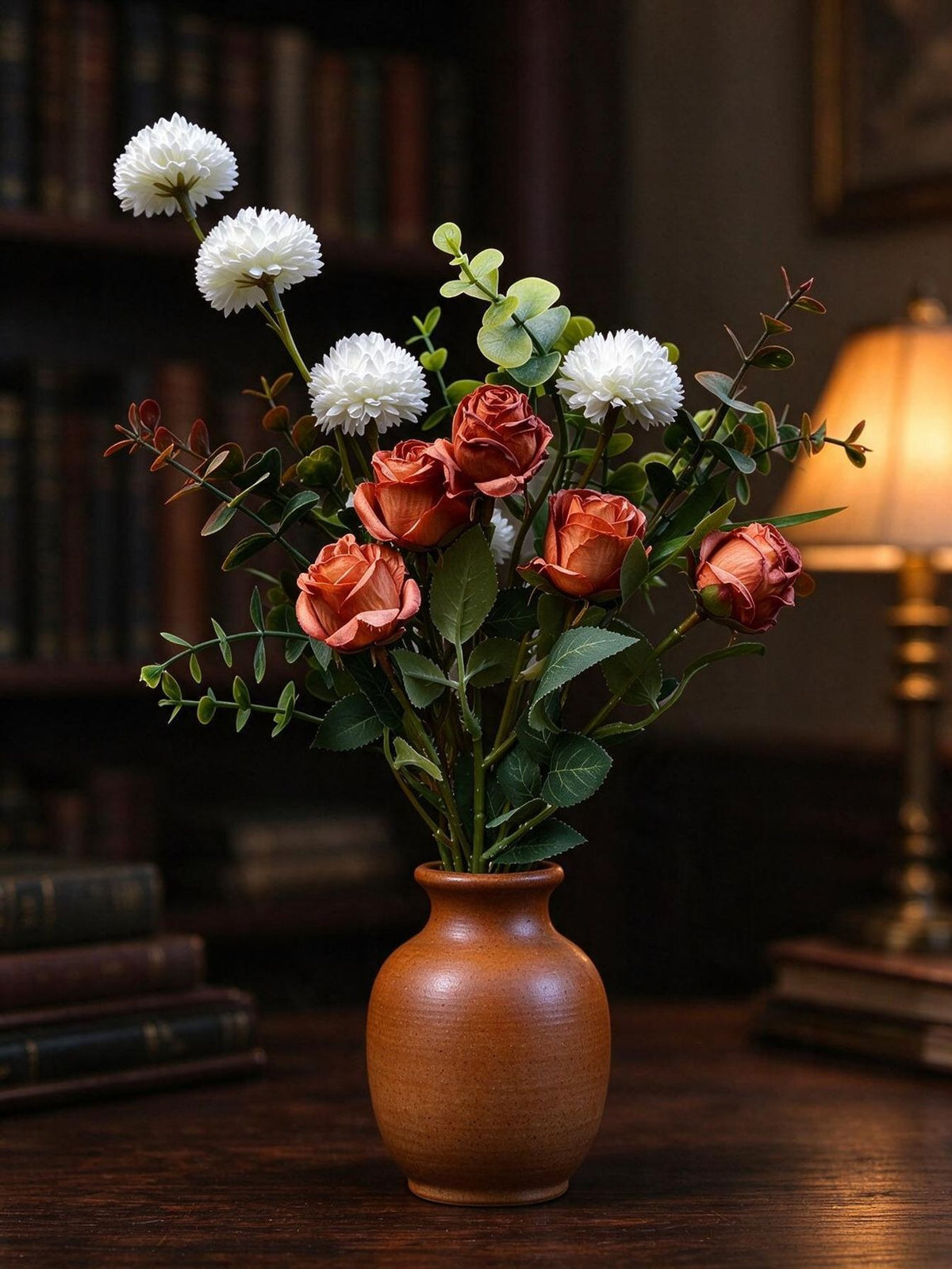 Künstlicher Blumenstrauß mit Rosen, Eukalyptus und Chrysanthemen, 42 cm, 10 Blüten, für Hochzeiten und Innendekoration