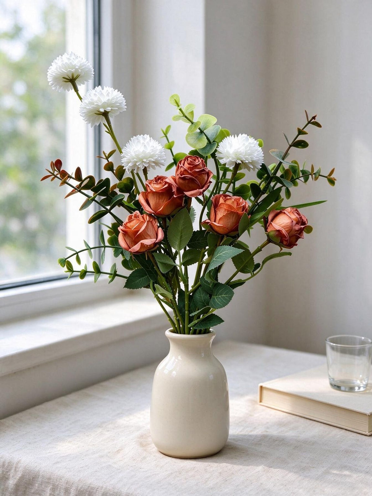 Künstlicher Blumenstrauß mit Rosen, Eukalyptus und Chrysanthemen, 42 cm, 10 Blüten, für Hochzeiten und Innendekoration