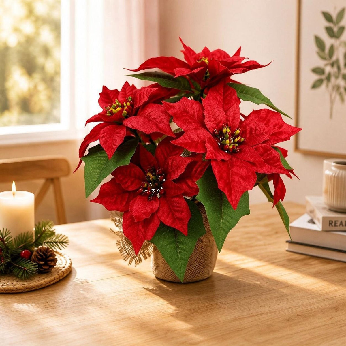 Künstliche Weihnachtsstern-Pflanze mit Topf, 34 cm, für Innen- und Außenbereich, langlebig und pflegeleicht