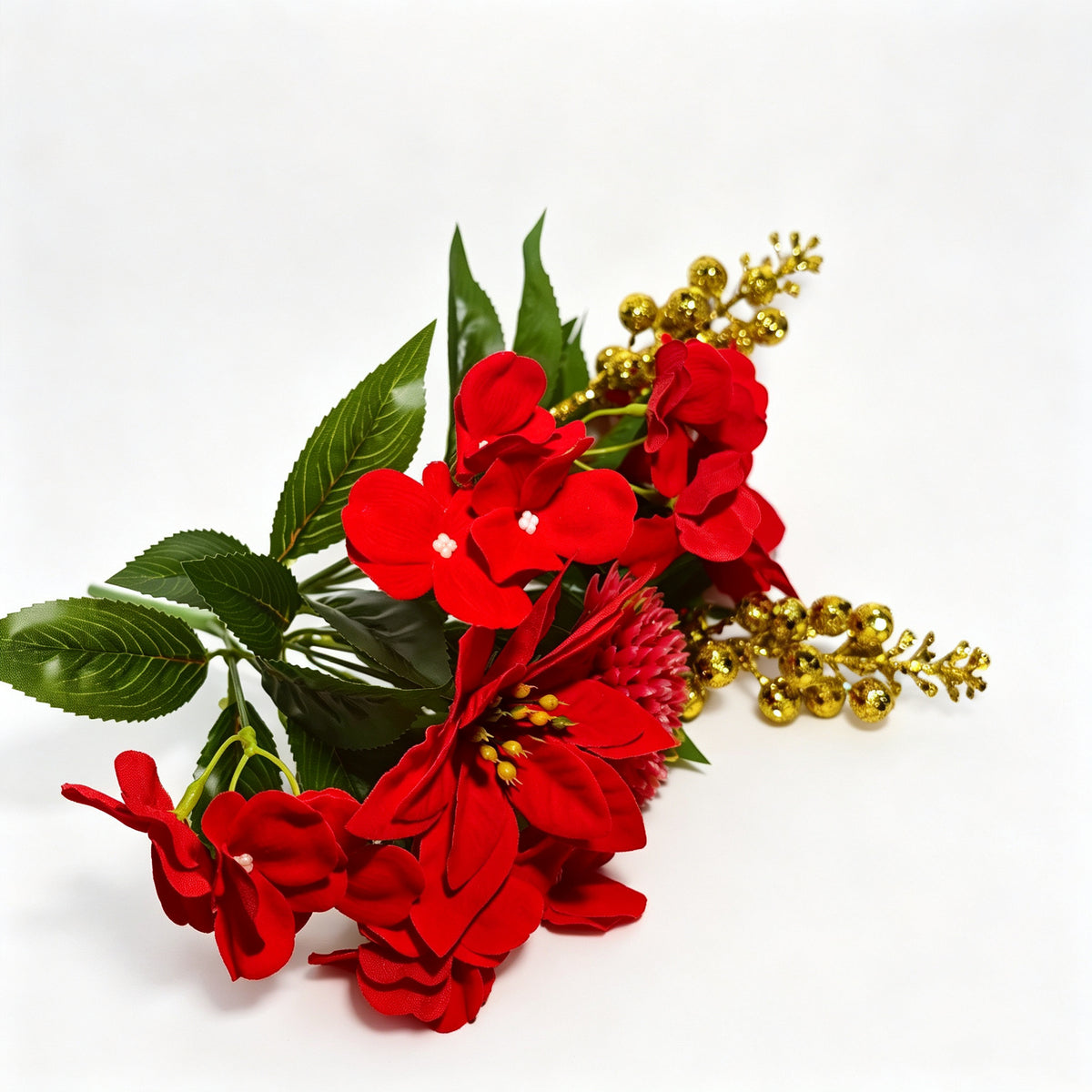 25 cm künstliche Weihnachtsstern-Pflanze, 5-blütiger Busch aus Seidenstoff, für Tischdeko und Weihnachtsbaum