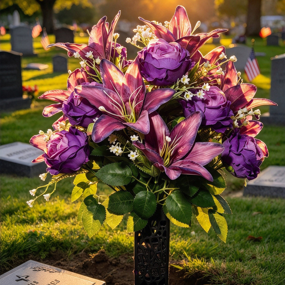 Künstliche Lilien, Rosen & Schleierkraut Blumenbusch, 24 Blütenköpfe, Lila-Verlauf, mit Grabvase, für Grab & Außenbereich