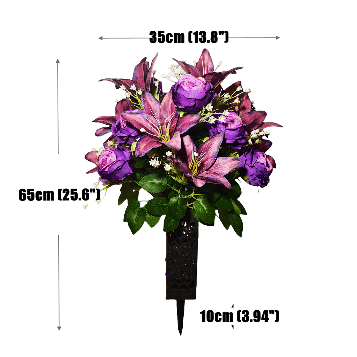 Künstliche Lilien, Rosen & Schleierkraut Blumenbusch, 24 Blütenköpfe, Lila-Verlauf, mit Grabvase, für Grab & Außenbereich