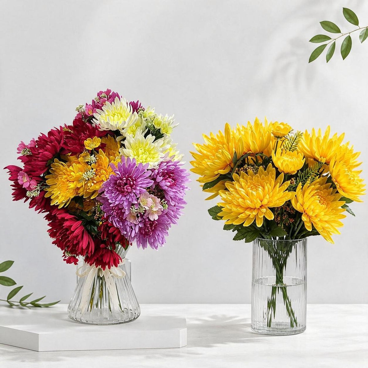 Künstliche Chrysantheme, 52 cm hoher Seidenblumen-Busch für Festtagsdekoration, Hochzeit, Innenraum