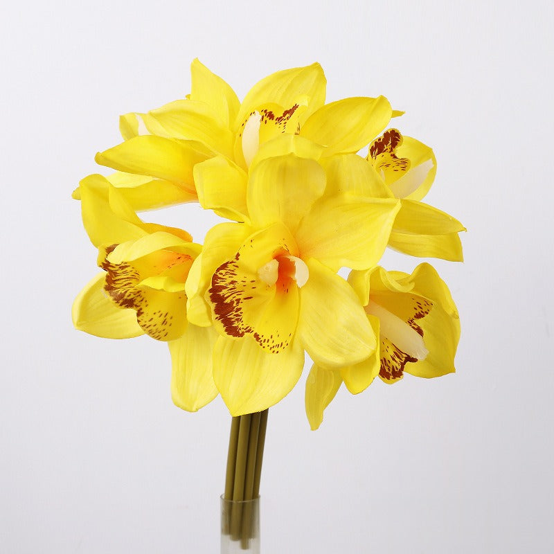 Künstliche Cymbidium-Orchidee, Bouquet mit 6 Blütenköpfen, Latex mit Echtheits-Haptik, für Hochzeit, Hotel und Wohnraum