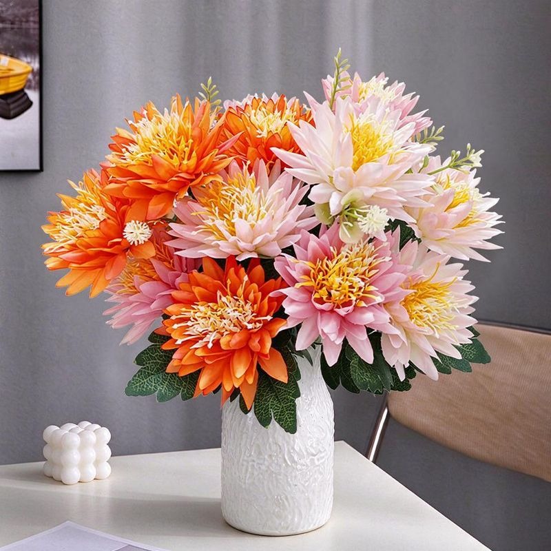 Chrysanthemen-Kunstblume Busch mit 5 Blütenköpfen, Kunstseide-Stoff, Glücks-Chrysantheme, für Wohnen, Hochzeit und Schaufenster