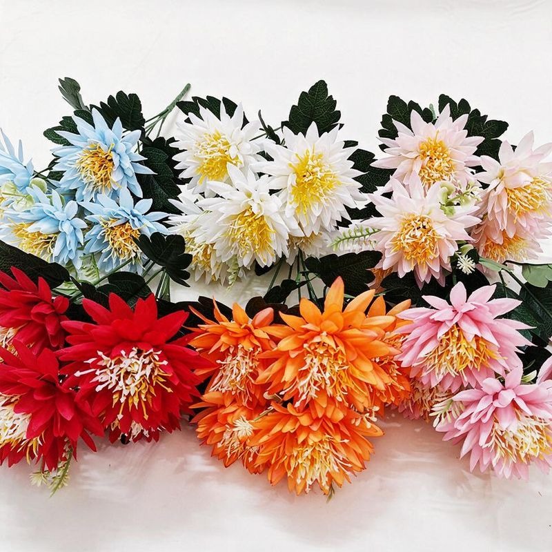 Chrysanthemen-Kunstblume Busch mit 5 Blütenköpfen, Kunstseide-Stoff, Glücks-Chrysantheme, für Wohnen, Hochzeit und Schaufenster