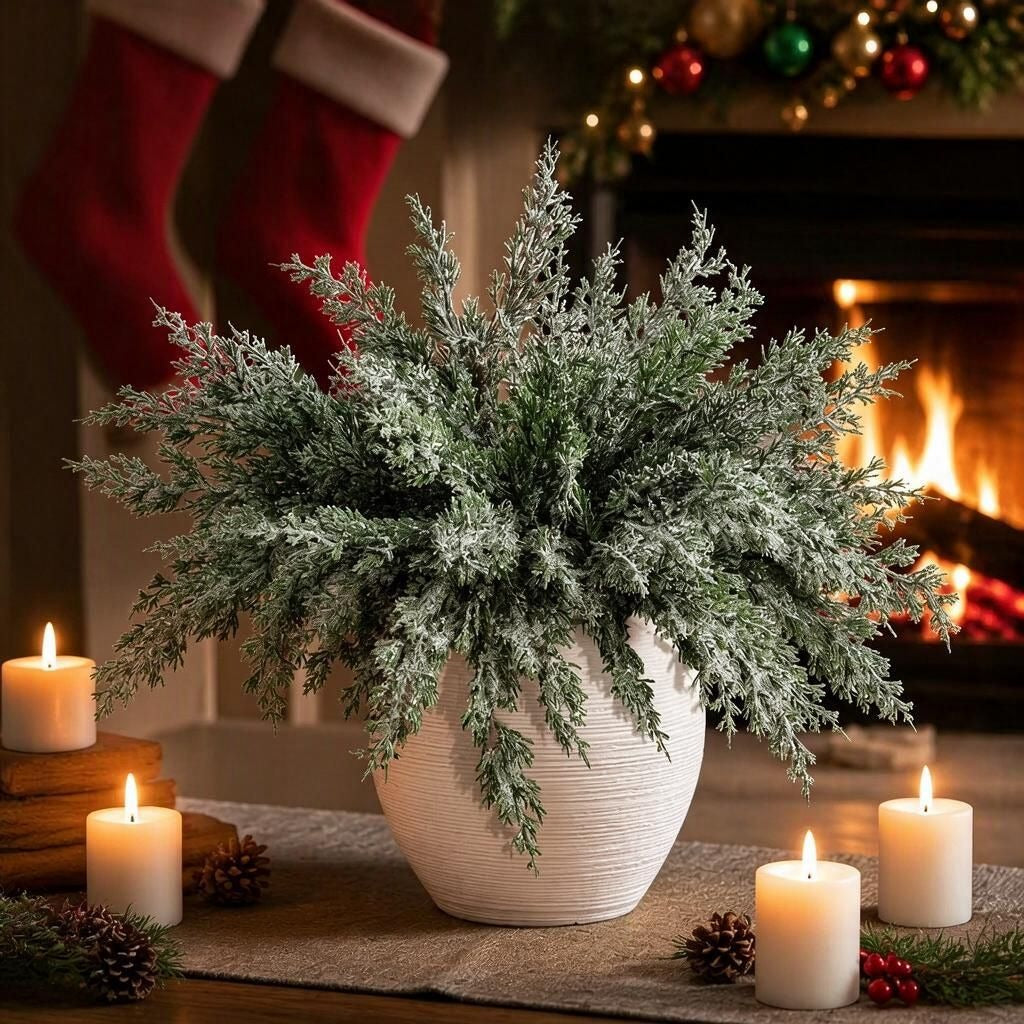 Künstlicher Zedernzweig mit Frost-Beflockung, 6er-Pack, Kunststoff (PE/PVC), Weihnachtsdeko für Floristik & Schaufenster
