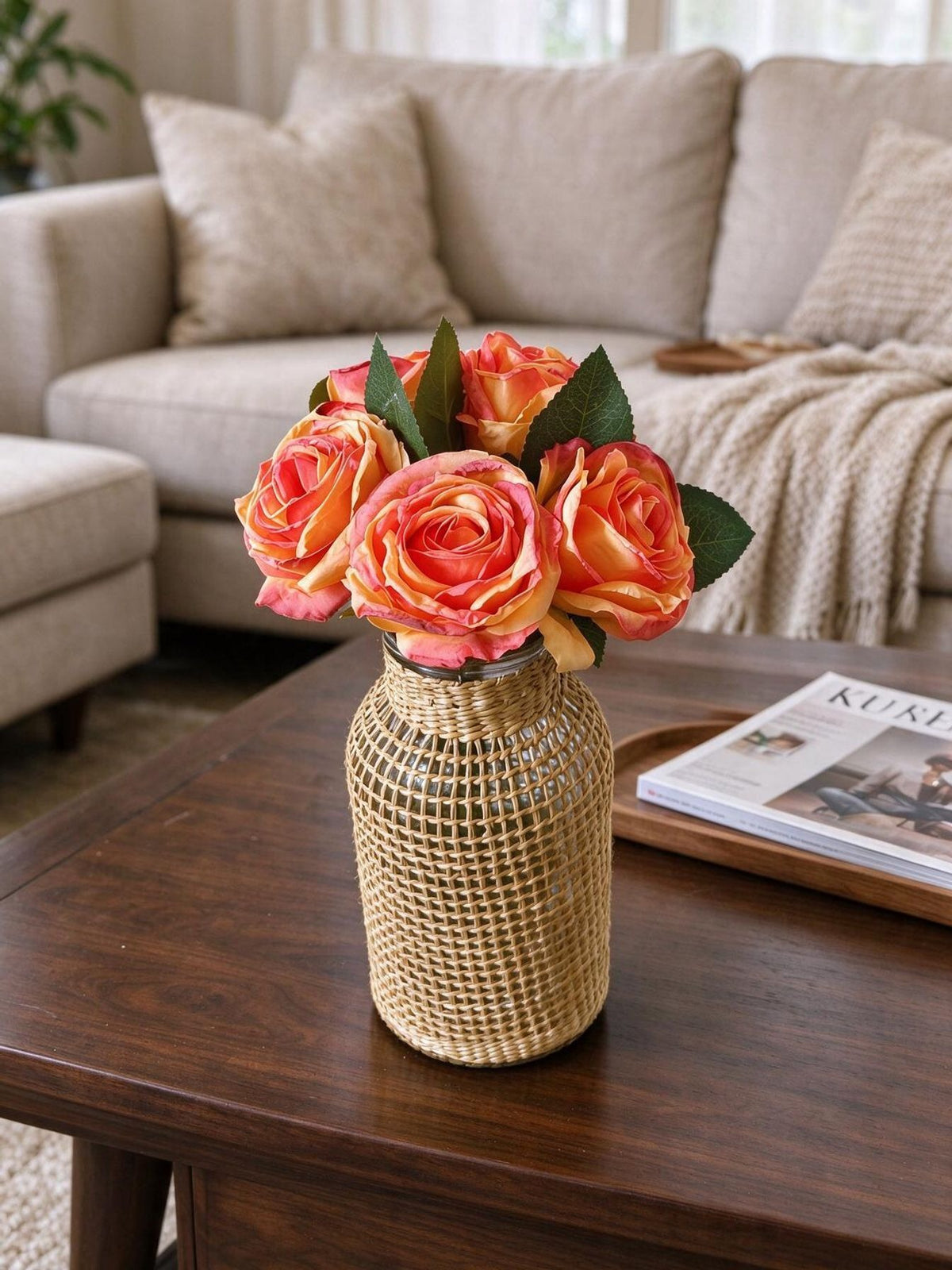 Künstliche Rosen Vintage mit gebräunten Rändern, 1 Bouquet mit 5 Blüten, Kunstseide, für Hochzeit, Hotel und Schaufenster