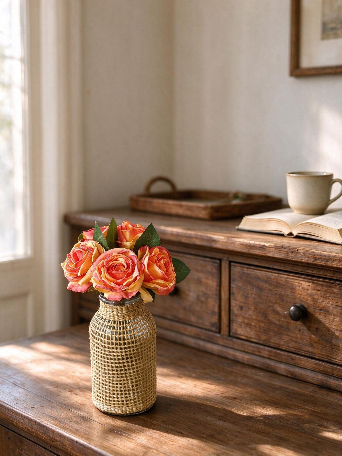 Künstliche Rosen Vintage mit gebräunten Rändern, 1 Bouquet mit 5 Blüten, Kunstseide, für Hochzeit, Hotel und Schaufenster