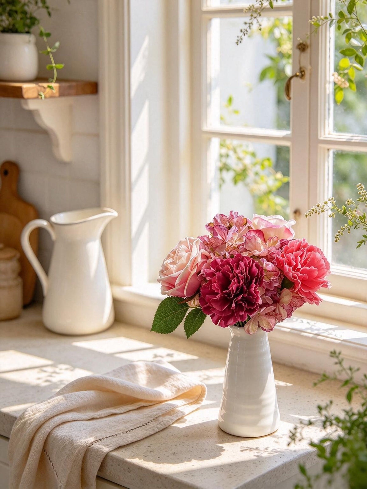 Künstlicher Blumenstrauß mit Rosen, Nelken und Hortensie, 5 Blüten, Kunstseide-Stoff, Vintage, Hochzeit, Hotel, Schaufenster