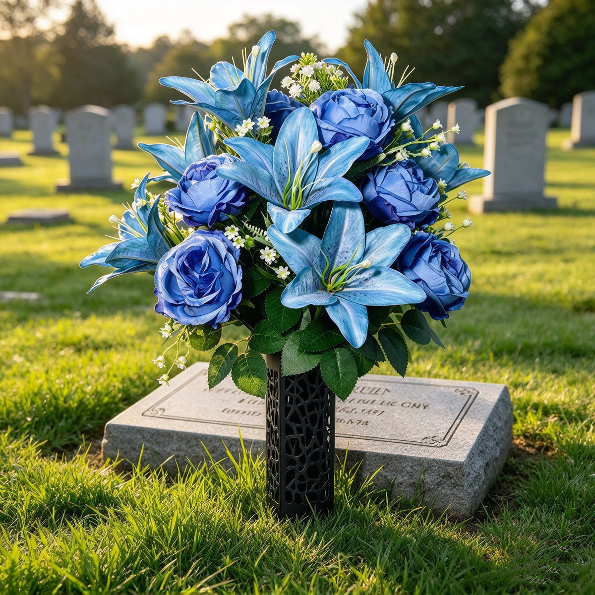 Kunstblumen-Gesteck Lilien, Rosen & Schleierkraut, Blumenbusch mit 24 Blüten, Blau-Verlauf, für Grab & Friedhof