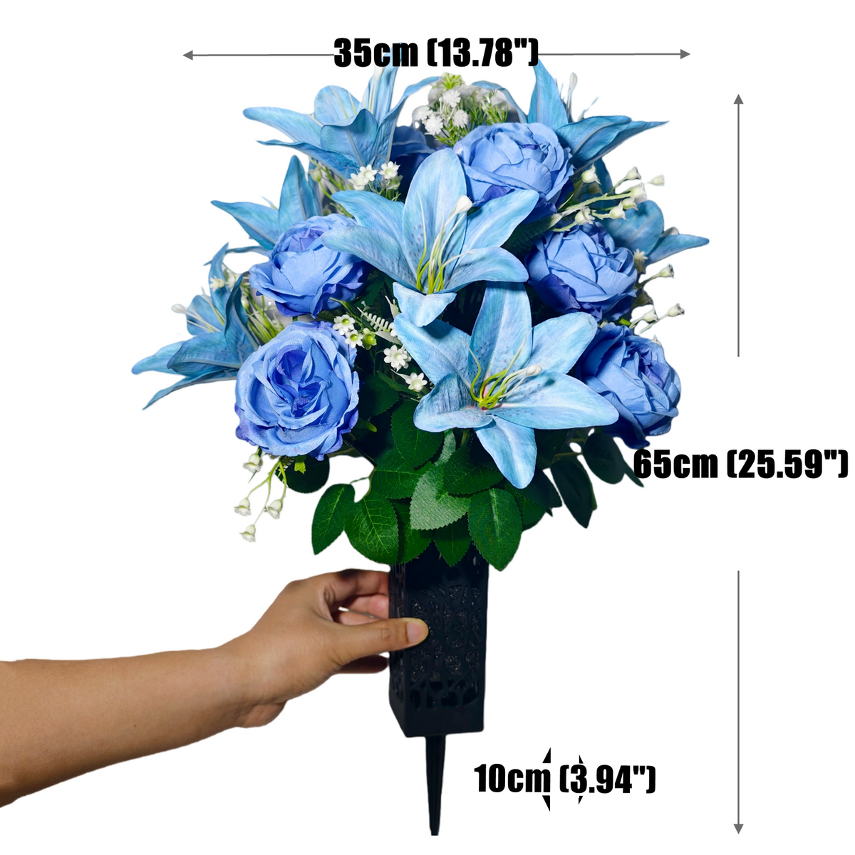 Kunstblumen-Gesteck Lilien, Rosen & Schleierkraut, Blumenbusch mit 24 Blüten, Blau-Verlauf, für Grab & Friedhof