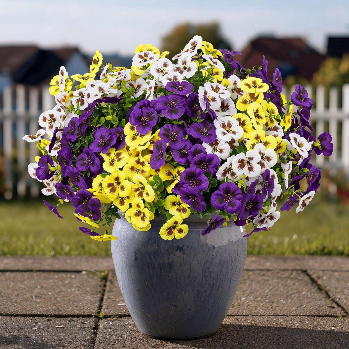 Künstliche Stiefmütterchen-Eukalyptus-Büschel, 4er-Set, 14 Blüten pro Büschel, Kunstseide, 36 cm, für Hochzeit, Haus und Garten