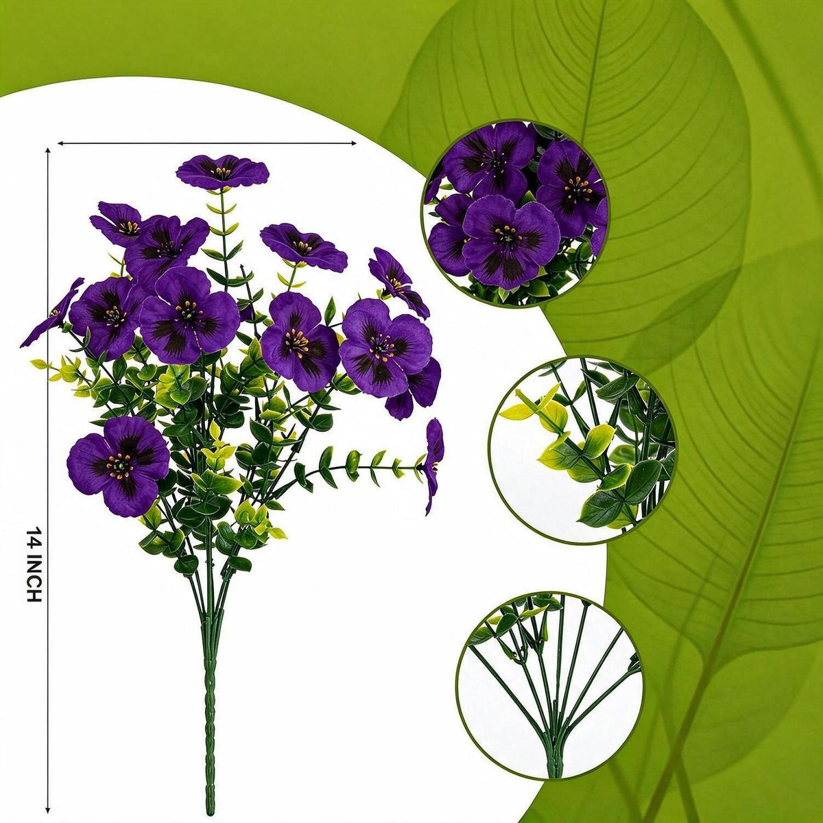 Künstliche Stiefmütterchen-Eukalyptus-Büschel, 4er-Set, 14 Blüten pro Büschel, Kunstseide, 36 cm, für Hochzeit, Haus und Garten
