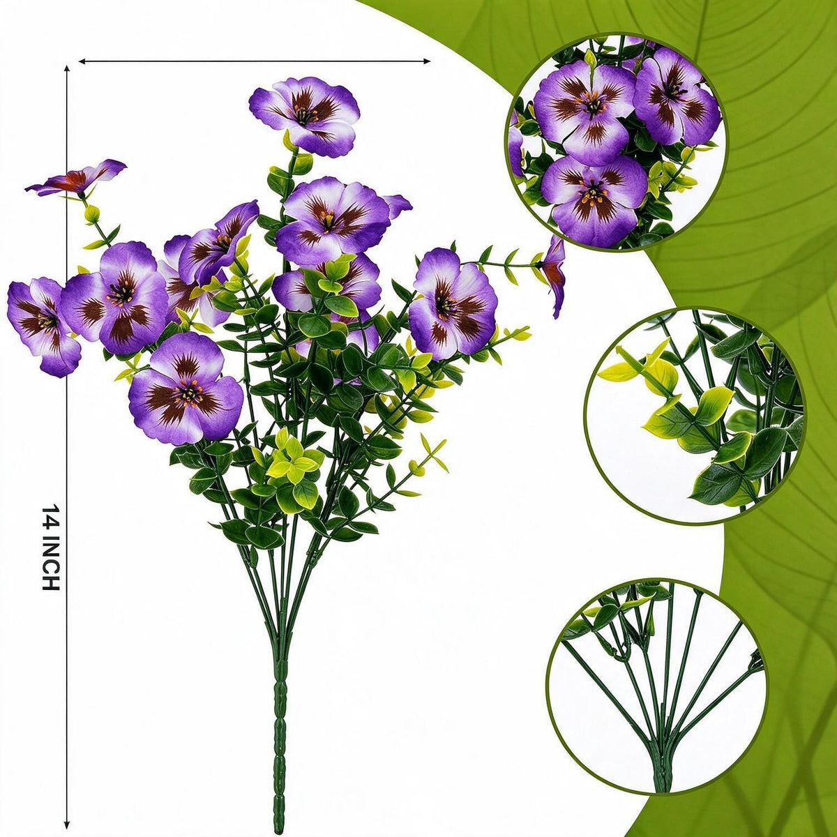 Künstliche Stiefmütterchen-Eukalyptus-Büschel, 4er-Set, 14 Blüten pro Büschel, Kunstseide, 36 cm, für Hochzeit, Haus und Garten
