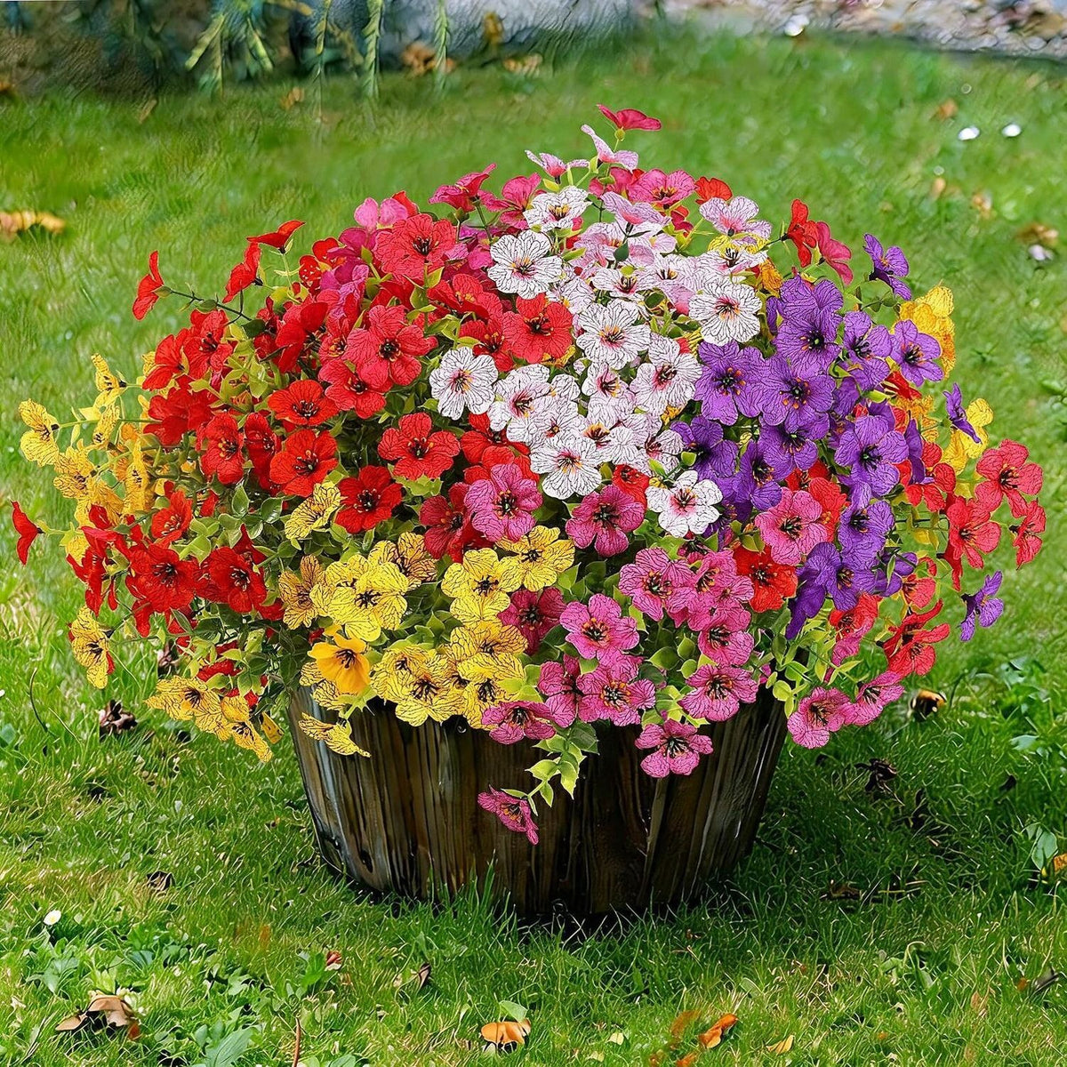 Kunstblumen Veilchen-Bündel mit Eukalyptus, 7 Zweige, 21 Blüten, Stoff, 35 cm, für Hochzeit, Schaufenster und Zuhause