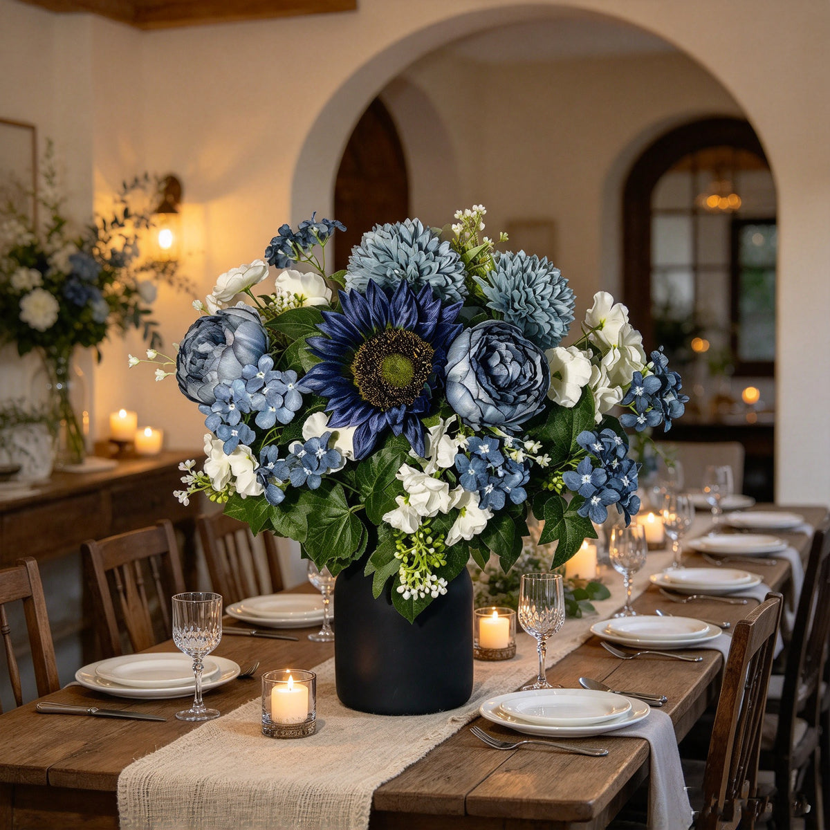 Kunstblumen-Bouquet Pfingstrose, Hortensie & Chrysantheme, 24 Blütenköpfe, Stoffblumen mit Metallvase, Staubblau, für Herbst und Winter