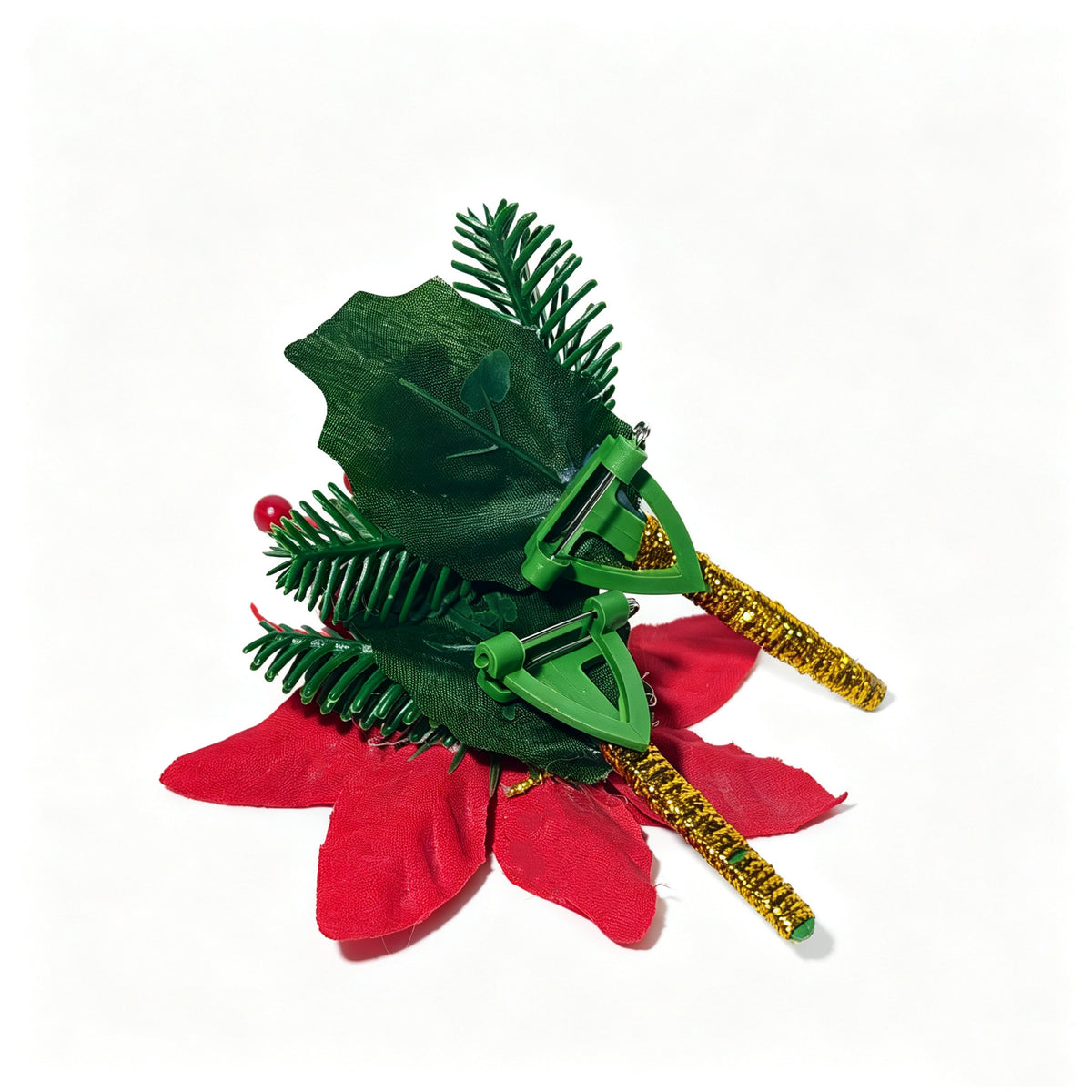 Weihnachtsstern-Anstecker oder Stechpalmen-Anstecker mit Tannenzapfen und Goldkugel, künstliche Weihnachts-Boutonnière für Hochzeit und Festtage