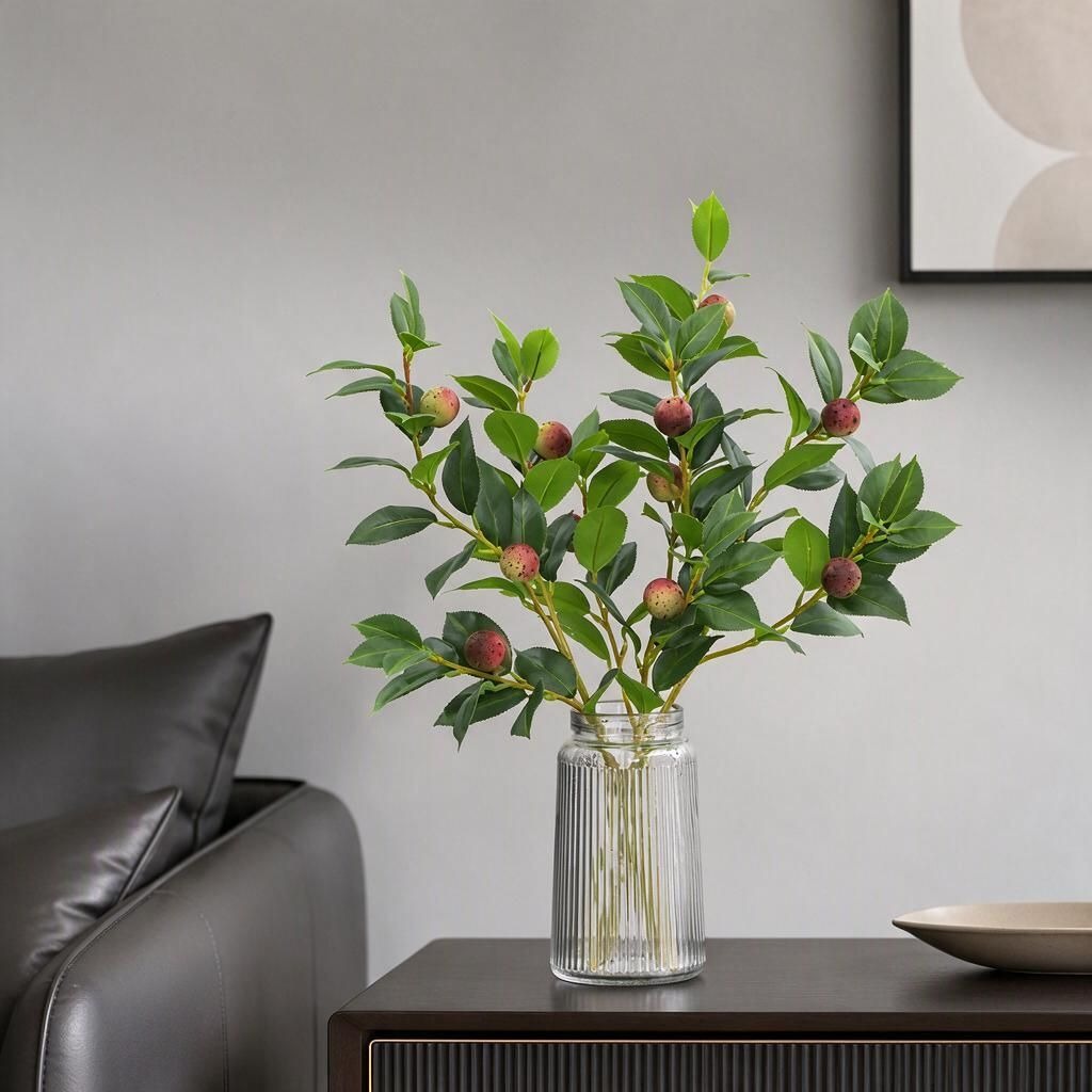 Künstlicher Kamelienzweig mit Zierfrüchten, Kunststoff (PE/PVC), Bush mit biegbaren Ästen, für Hochzeit, Schaufenster & Wohnraum