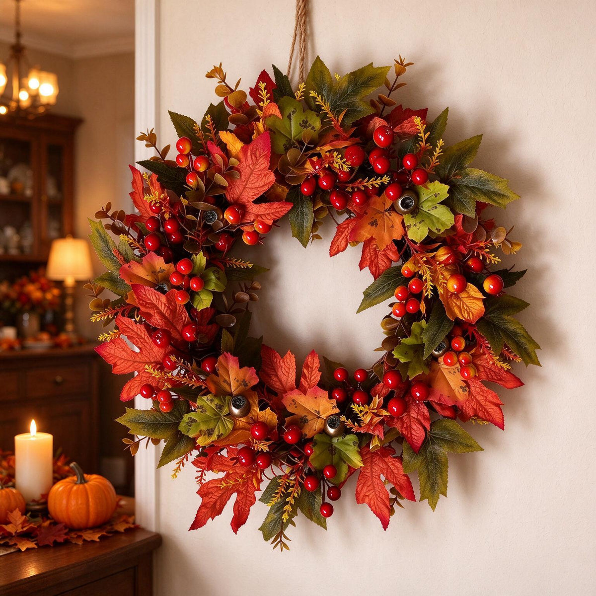 Herbstkranz mit Ahornblättern, 40 cm Länge, Girlande aus Stoff, PE und Naturrebe, Erntedank, Hotel und Schaufenster