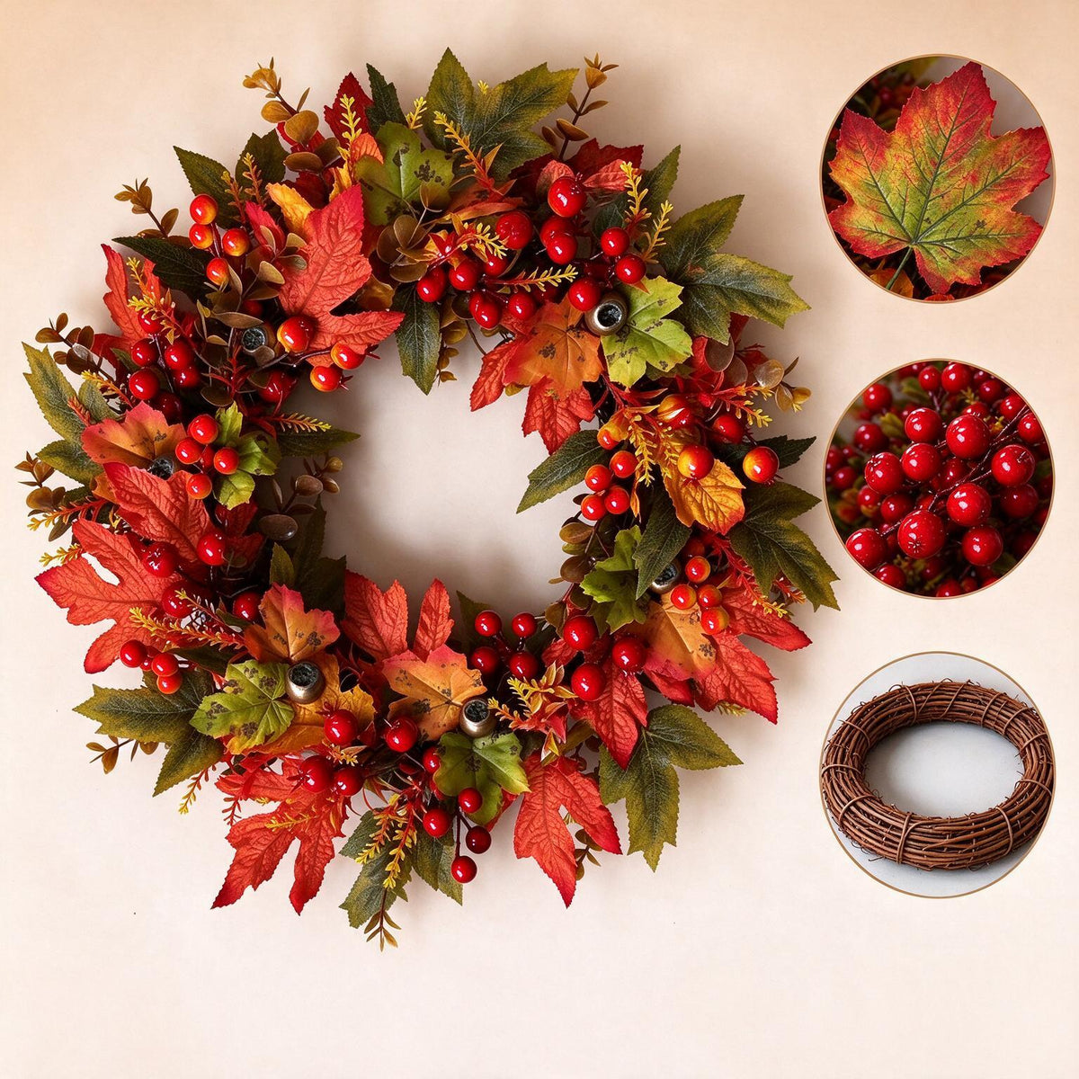 Herbstkranz mit Ahornblättern, 40 cm Länge, Girlande aus Stoff, PE und Naturrebe, Erntedank, Hotel und Schaufenster