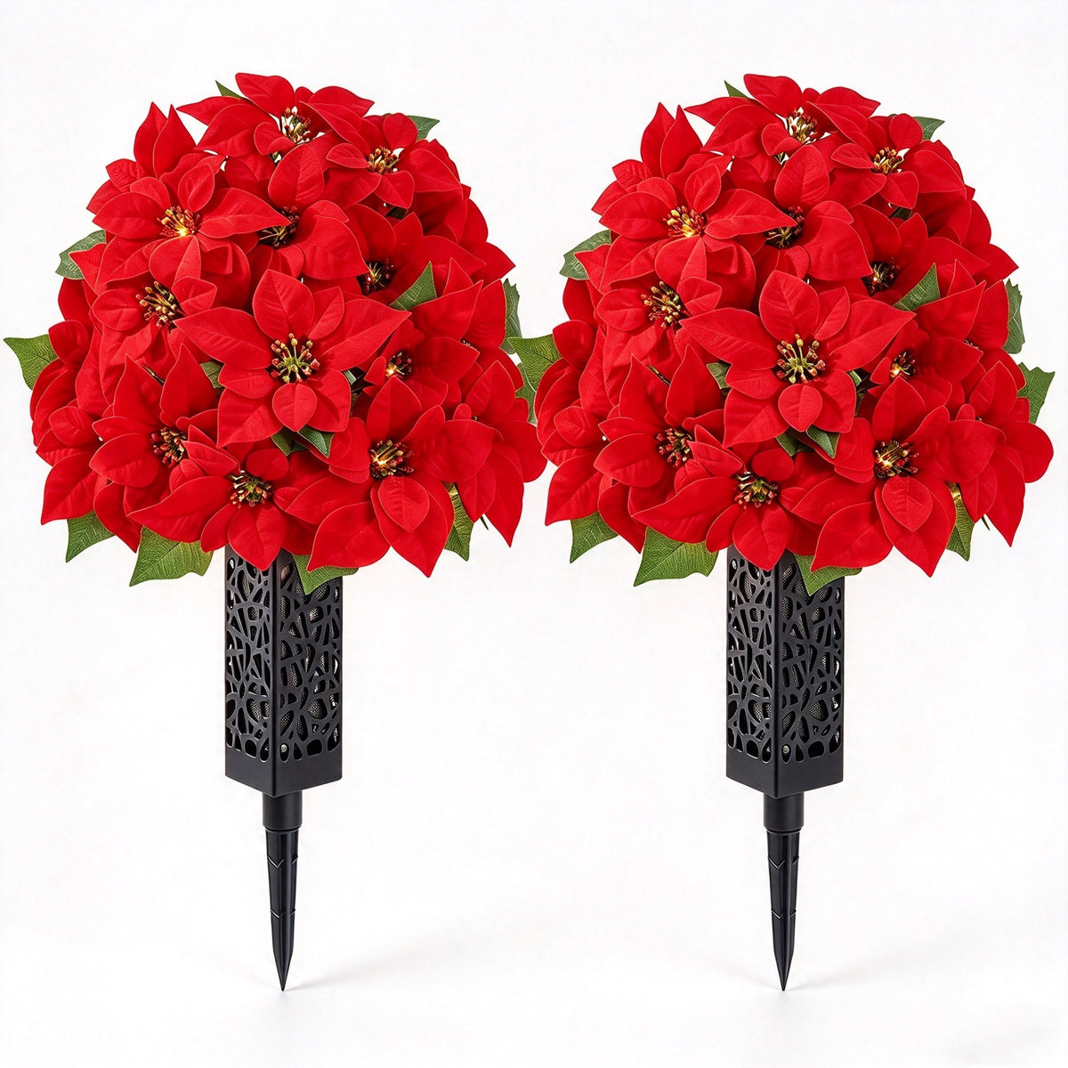 2er Set Künstliche Weihnachtsstern Grabblumen, Naturgetreue Friedhofsblumen, Weihnachts Grabschmuck für Grabsteine