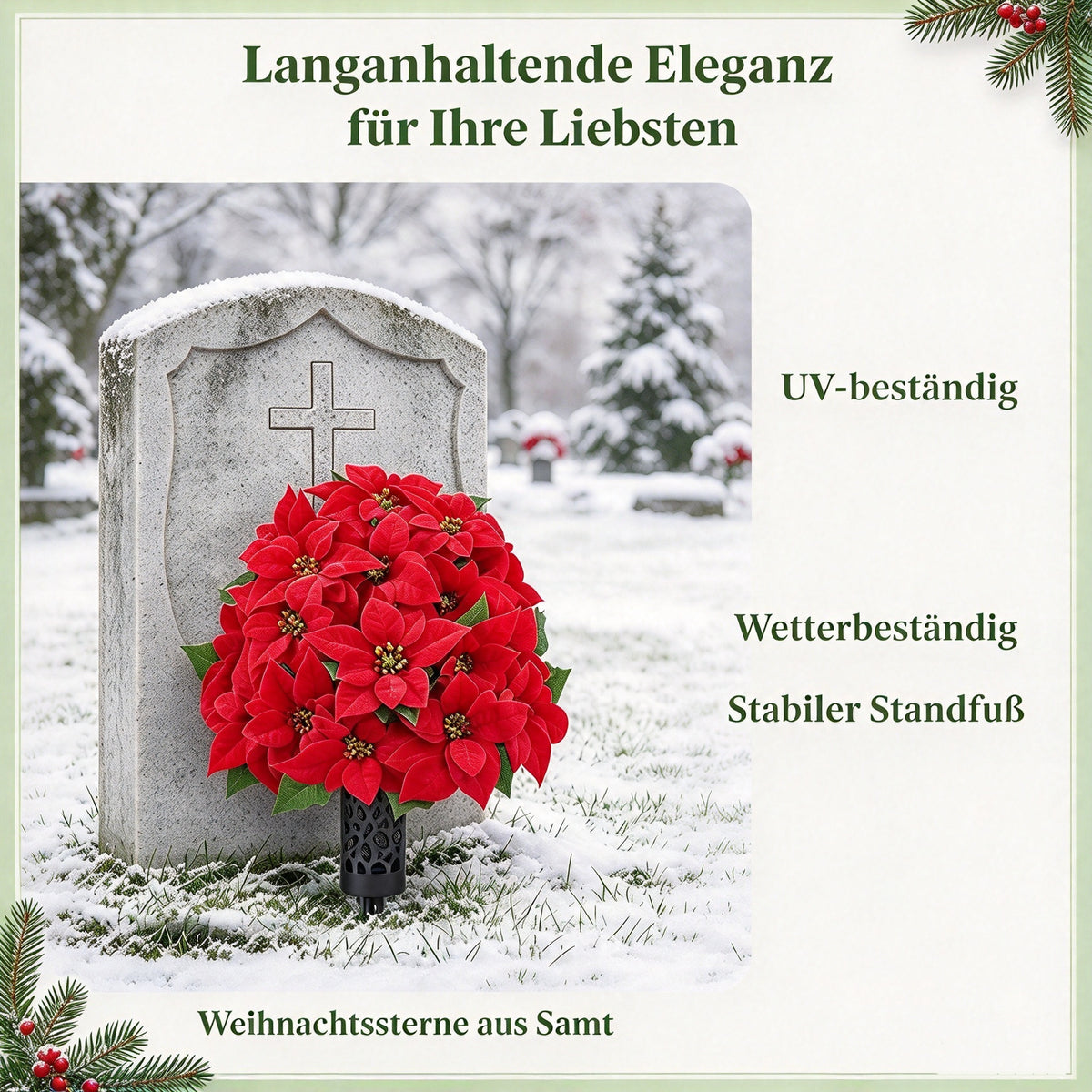 2er Set Künstliche Weihnachtsstern Grabblumen, Naturgetreue Friedhofsblumen, Weihnachts Grabschmuck für Grabsteine