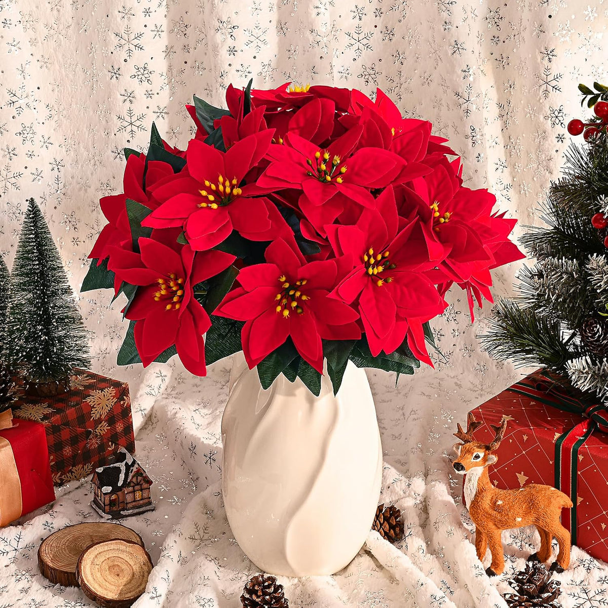 6er Set Künstliche Weihnachtssterne, 7 Blütenköpfe pro Strauß, Samt-Weihnachtssterne, Festliche Weihnachtsdekoration