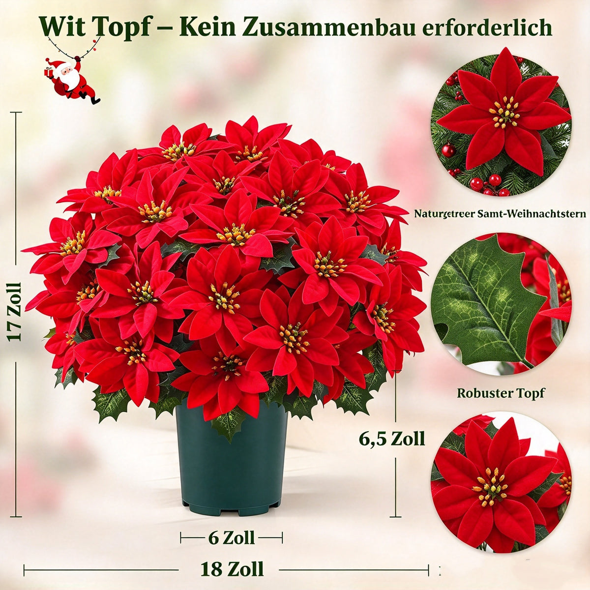 2 Topf künstliche Weihnachtssterne, UV-beständige künstliche rote Weihnachtssterne, für Garten, Veranda, Terrasse und Weihnachtsdekoration zu Hause