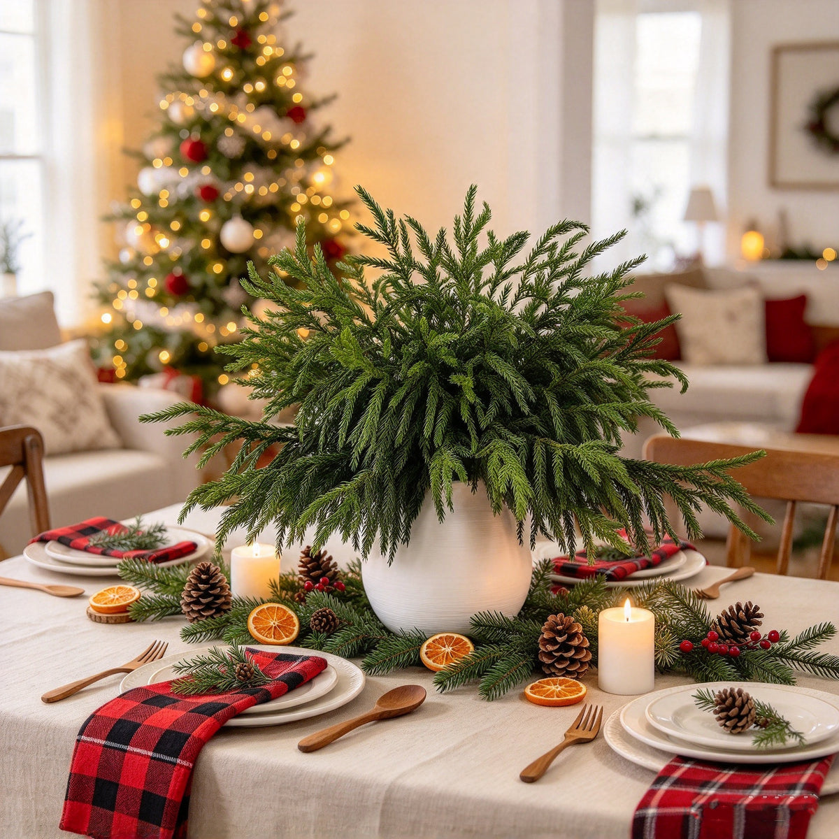20 Stück 18 Zoll künstliche Norfolk-Kieferzweige, naturgetreue Kieferstiele für Vasen, Kamin, DIY-Girlande, Kranz, Tischdekoration und weihnachtliche Innendekoration