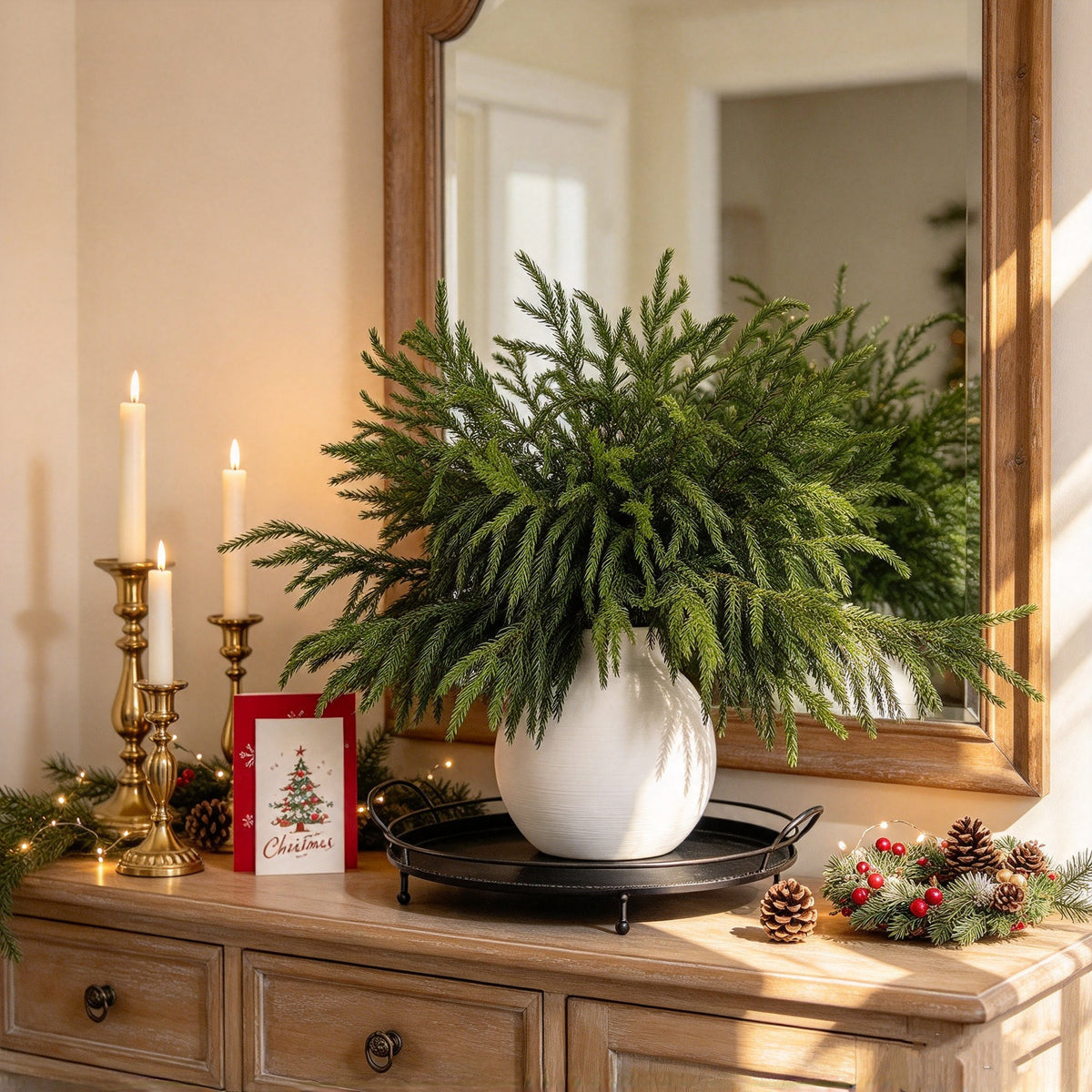 20 Stück 18 Zoll künstliche Norfolk-Kieferzweige, naturgetreue Kieferstiele für Vasen, Kamin, DIY-Girlande, Kranz, Tischdekoration und weihnachtliche Innendekoration