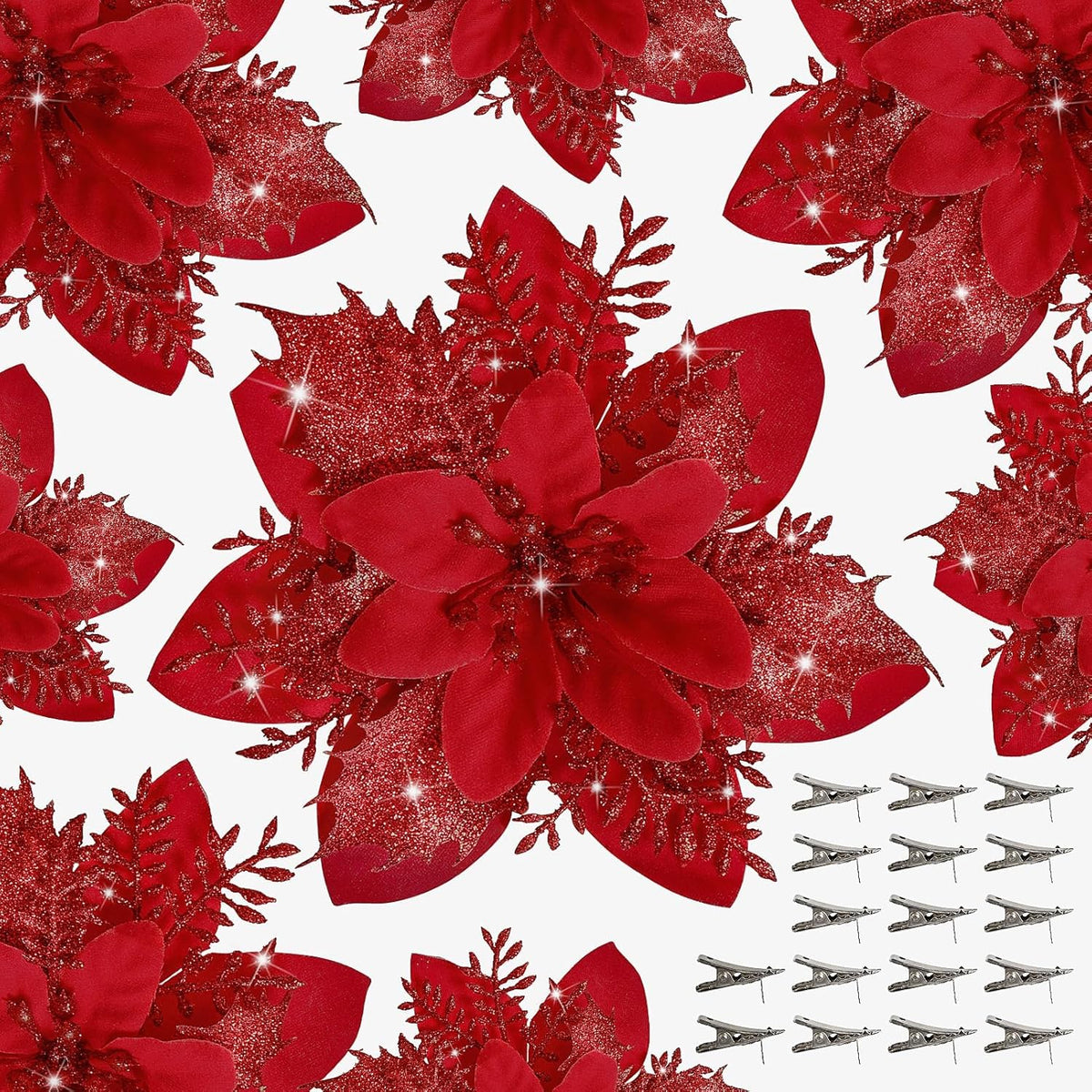 18 Stück Künstliche Poinsettien mit Klammern – Weihnachtsdekoration