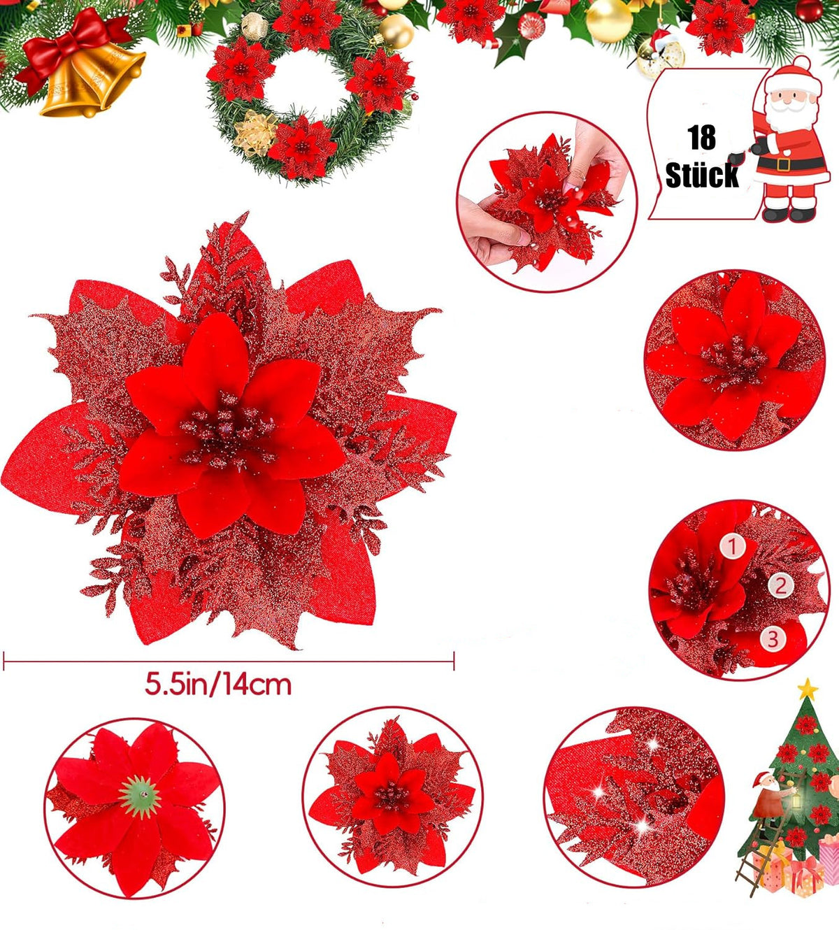 18 Stück Künstliche Poinsettien mit Klammern – Weihnachtsdekoration
