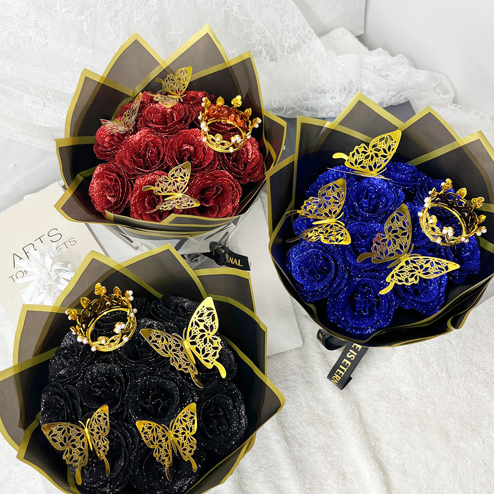 24 Glitzer-Rosen Brautstrauß mit Krone - Künstlicher Hochzeitsstrauß Gold/Silber für Braut