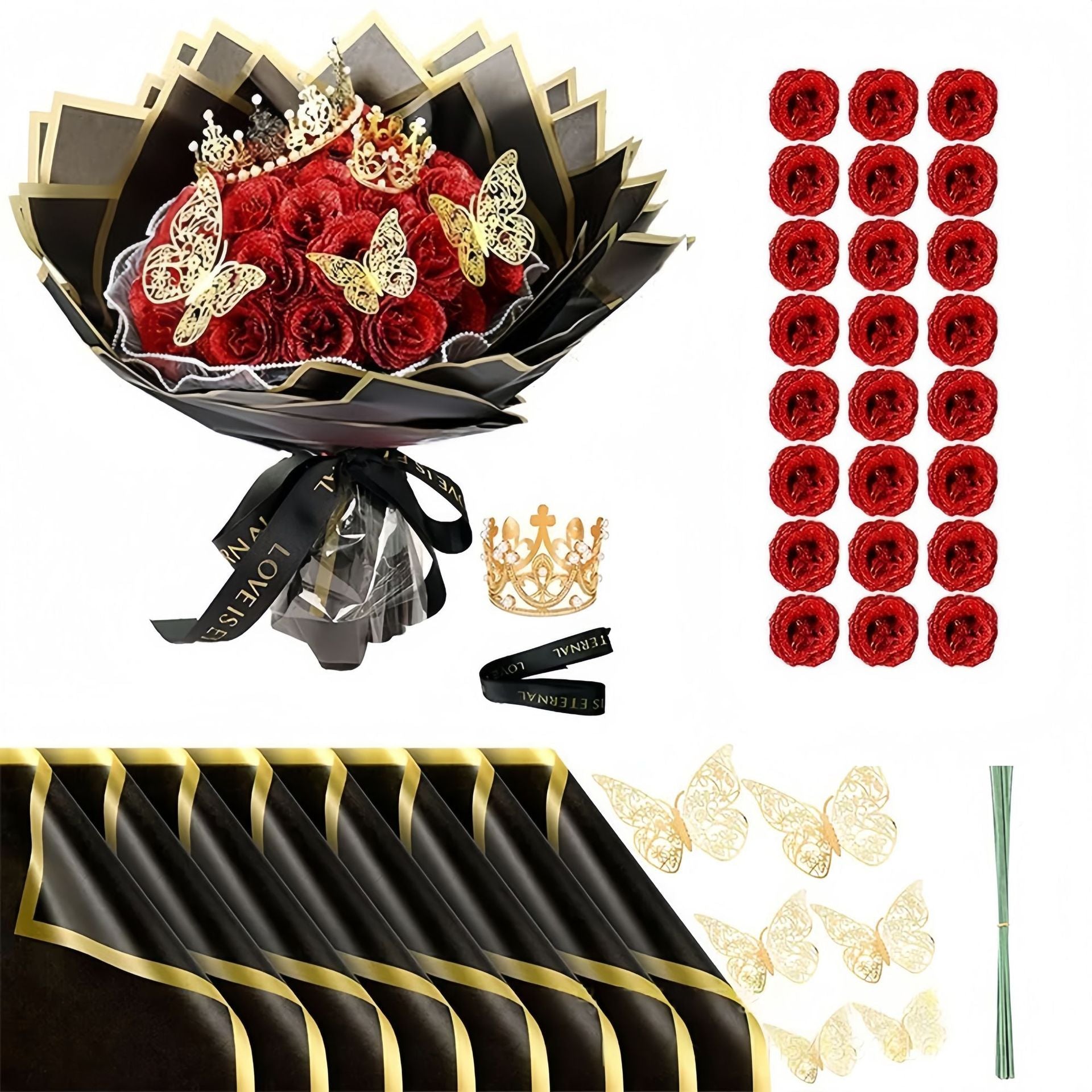 24 Glitzer-Rosen Brautstrauß mit Krone - Künstlicher Hochzeitsstrauß Gold/Silber für Braut