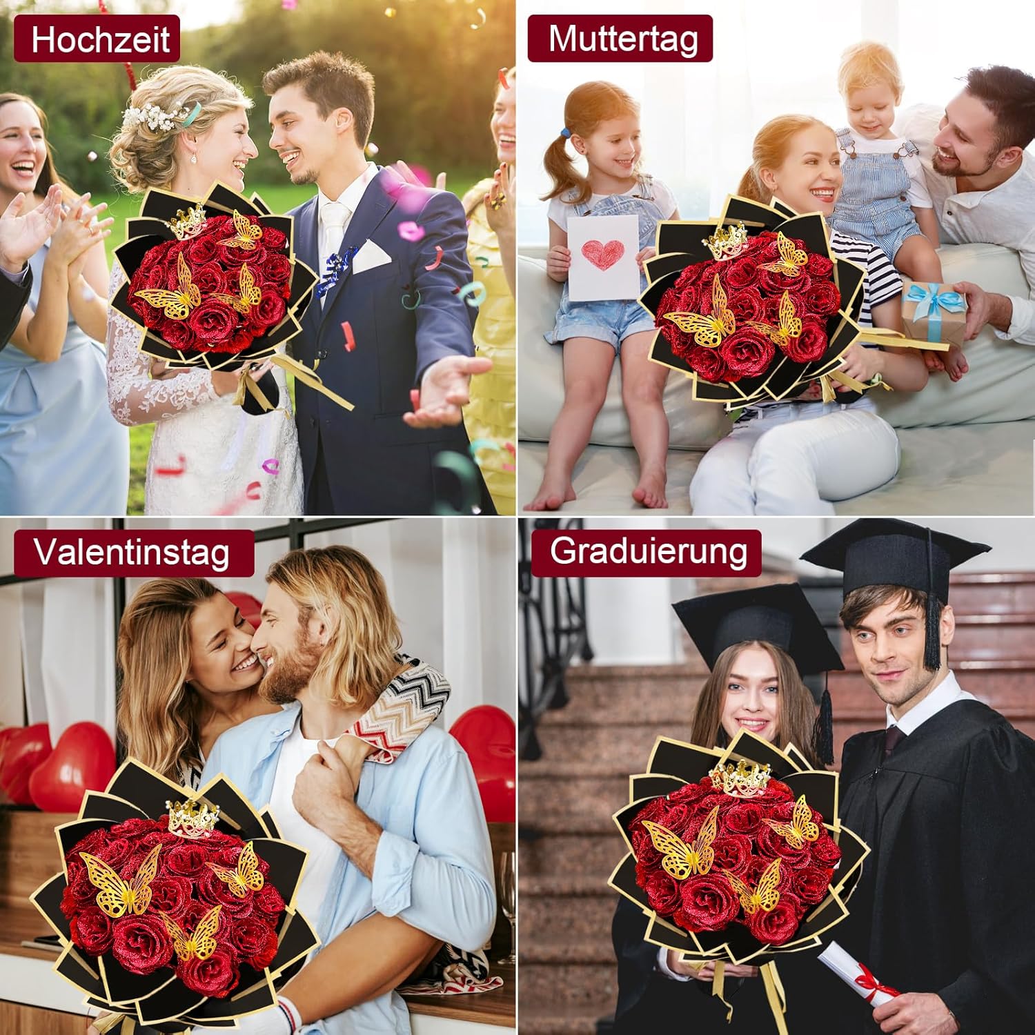24 Glitzer-Rosen Brautstrauß mit Krone - Künstlicher Hochzeitsstrauß Gold/Silber für Braut