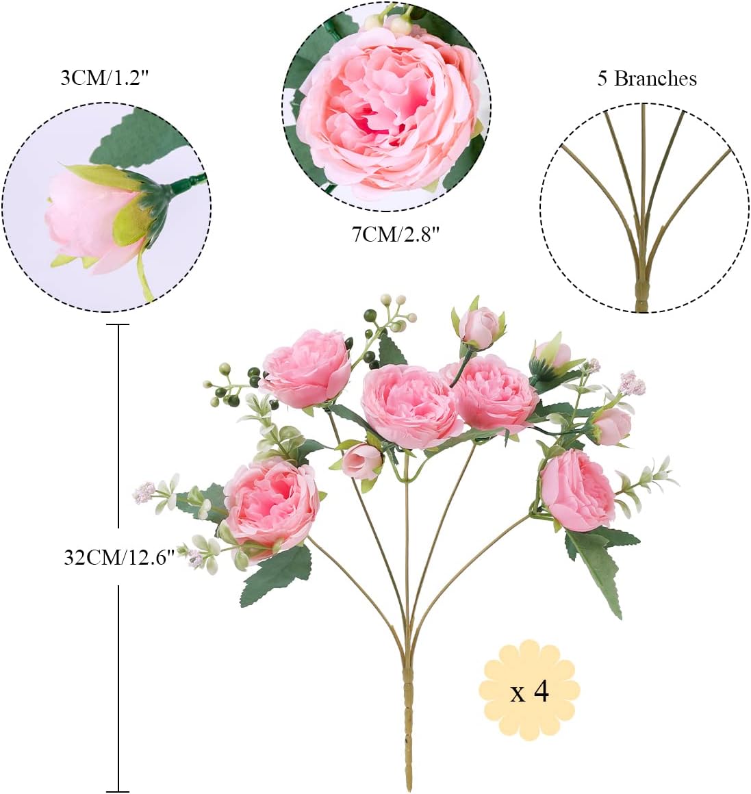4er-Pack künstliche Pfingstrosen, 32 cm – Tischdekoration für Hochzeiten, Partys und Wohnbereich