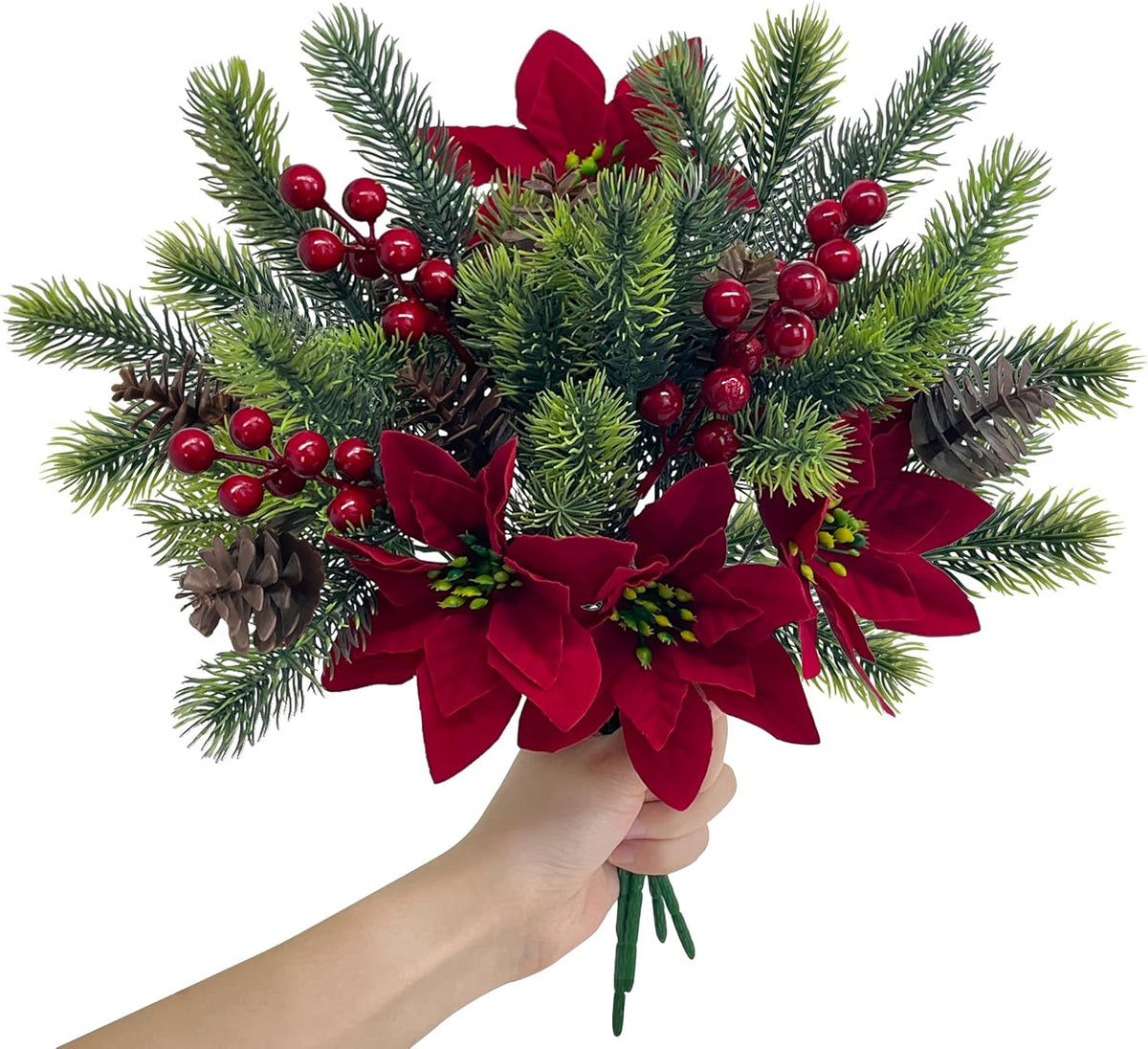 4 Stück Künstliche Poinsettien & Tannenzweige mit Roten Beeren Zapfen – Weihnachtsdekoration