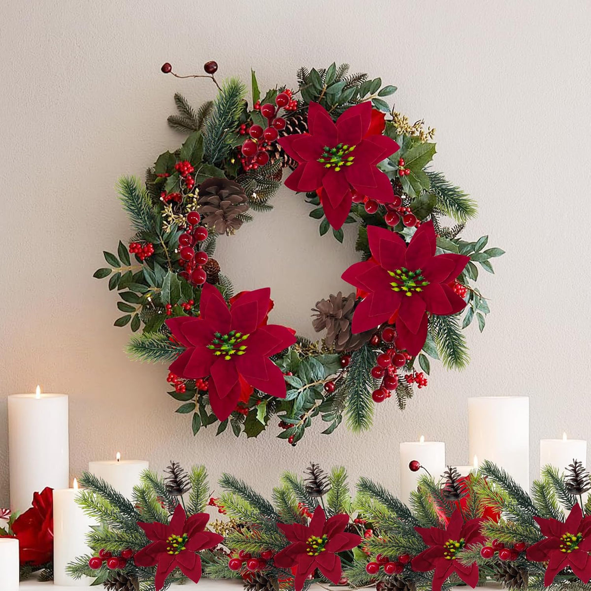 4 Stück Künstliche Poinsettien & Tannenzweige mit Roten Beeren Zapfen – Weihnachtsdekoration
